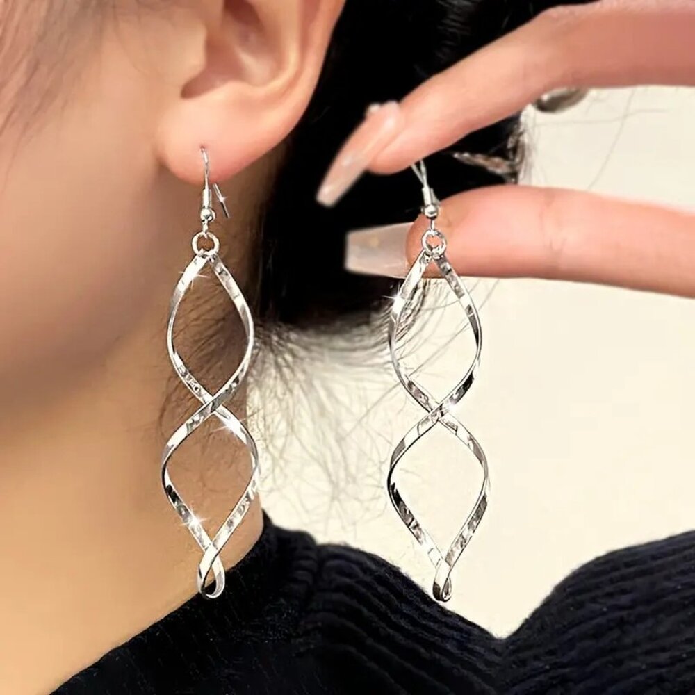 Twisted Spiral Drop Dangle Earrings For Women Silver-Tone Lightweight Design Ele